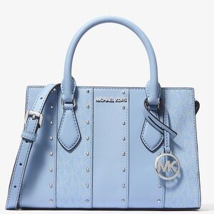 Michael Kors Sheila Small Studded Patchwork Satchel Bag Light Sky Blue Multi